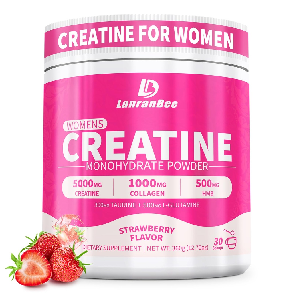 LanranBee Creatine HMB pour femmes 5g Poudre micronisée de créatine monohydratée avec supplément de pré-entraînement collagène pour le soutien musculaire énergie et endurance sans sucre, goût de mûre 30 portions