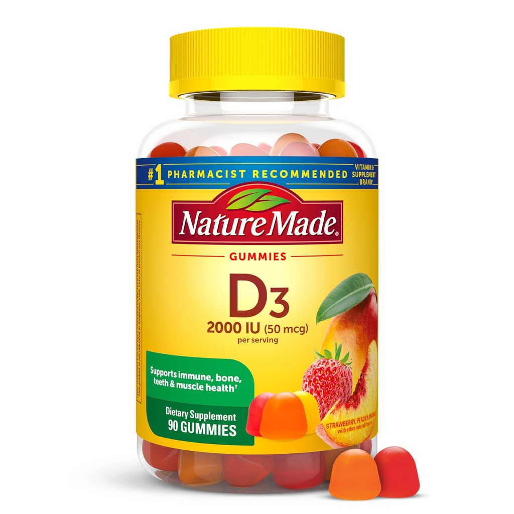 Nature faite de vitamine D3 2000 UI par portion Gommies, os, dents, muscles et immunitaires, 45 jours d'approvisionnement, 90 Gommies de vitamine D pour adultes