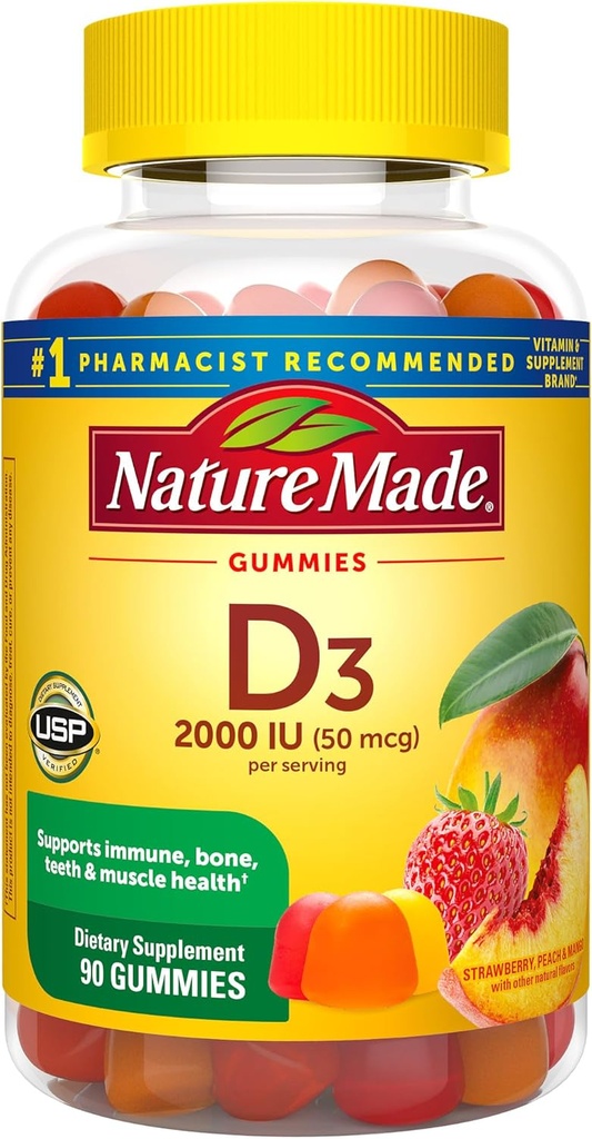 Nature faite de vitamine D3 2000 UI par portion Gommies, os, dents, muscles et immunitaires, 45 jours d'approvisionnement, 90 Gommies de vitamine D pour adultes