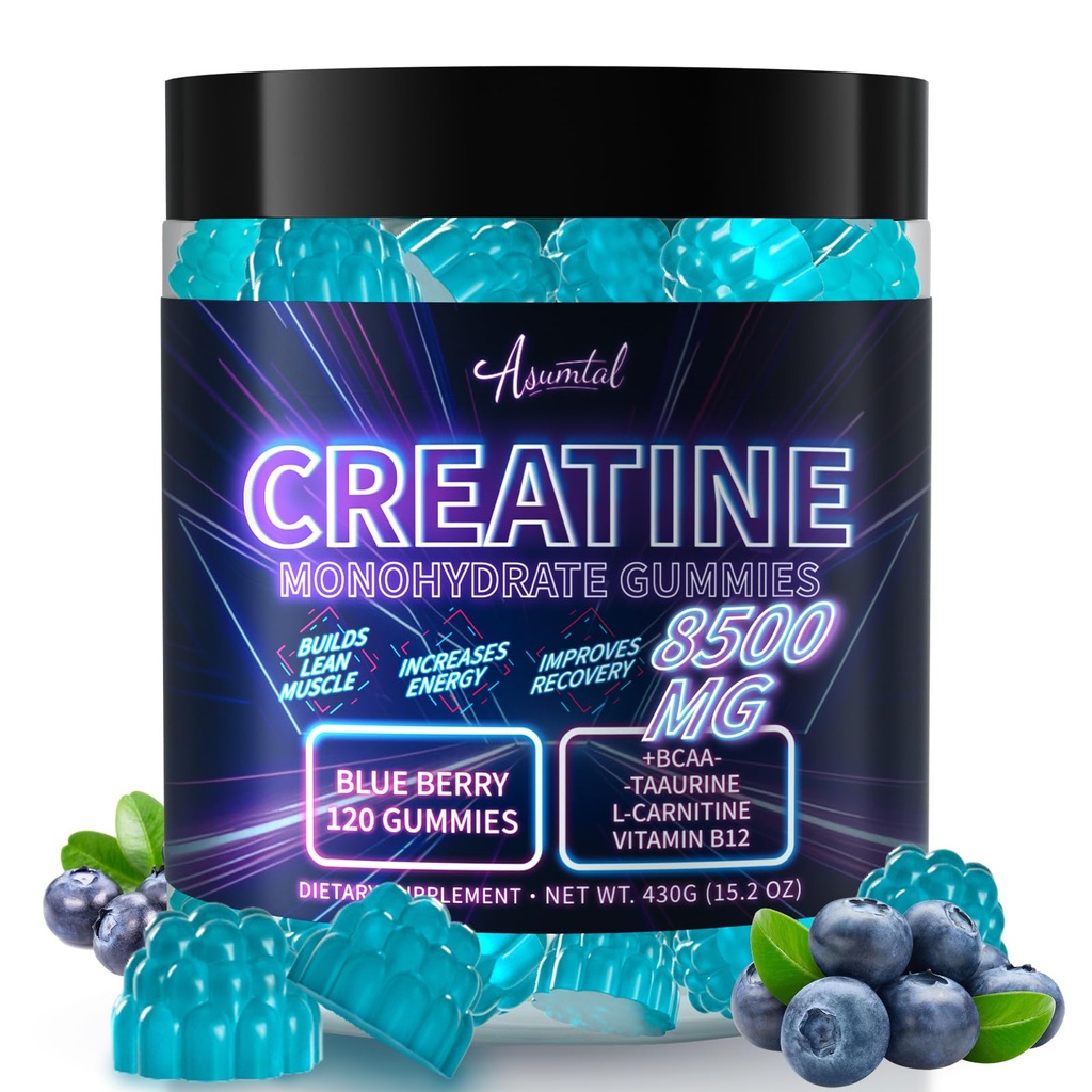 Creatine Monohydrate Gommies Complex 8500 MG pour les hommes et les femmes, Creatine Monohydrate Supplément pour la croissance musculaire, la force et le soutien énergétique, préentraînement Gommies 120 Count Blueberry