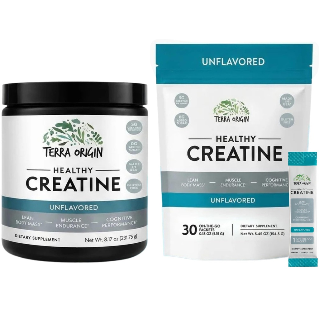 ORIGINE TERRA Monohydrate de créatine Ensemble de 75 portions Stick Pack et Jar Combo. Supplément en poudre micronisé.