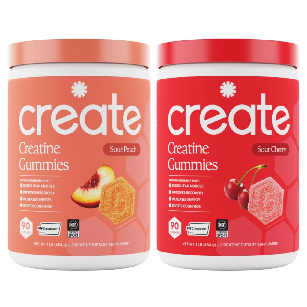 Creatine Monohydrate Gummies - Peach Pump Duo - Sour Peach & Sour Cherry - Creatine Gummies pour les femmes et les hommes, NSF certifié, 3ème partie testée, Formule Anti-Melting, 180 Compte (2-Pack)