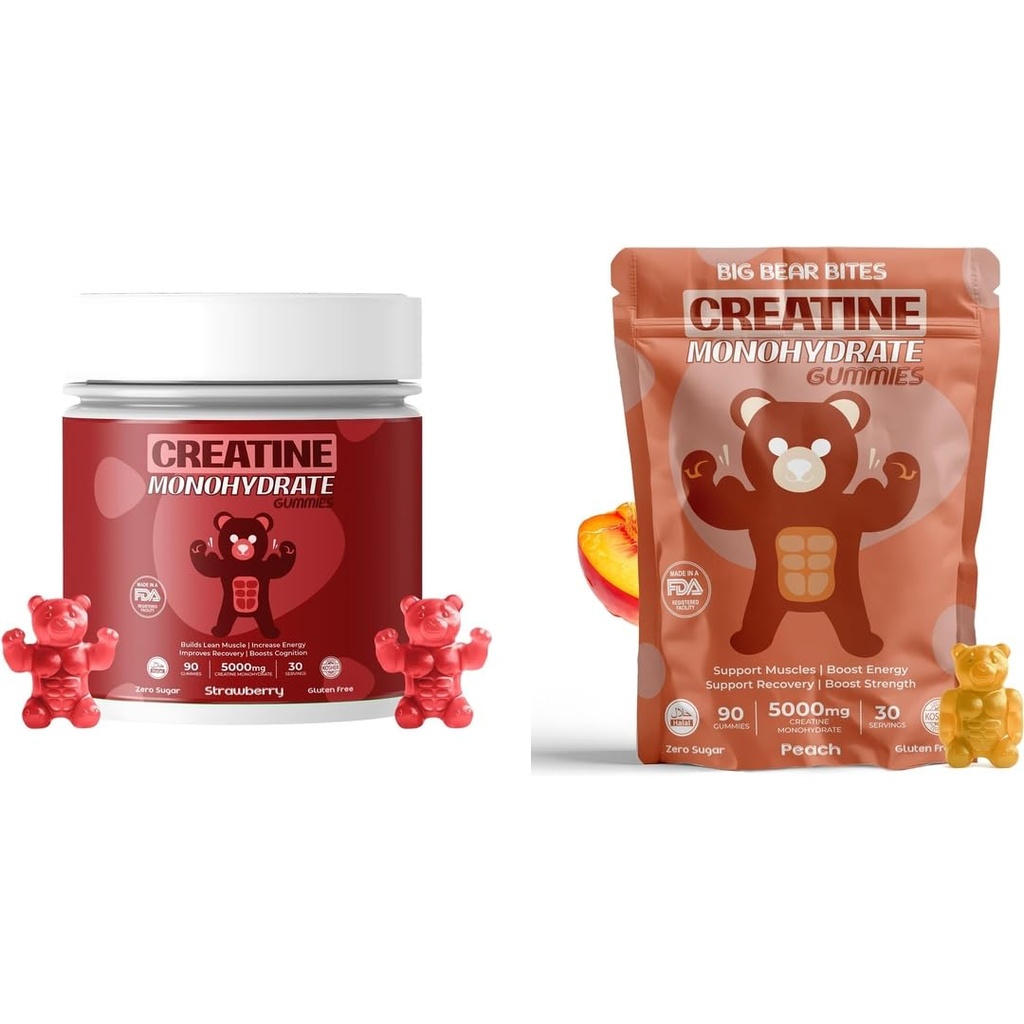 Monohydrate de créatine Gummies Bundle – Fraise et pêche 5000mg par portion : sans sucre, sans gluten et halal 180 Gummies Total (2 x 90 Nombre)