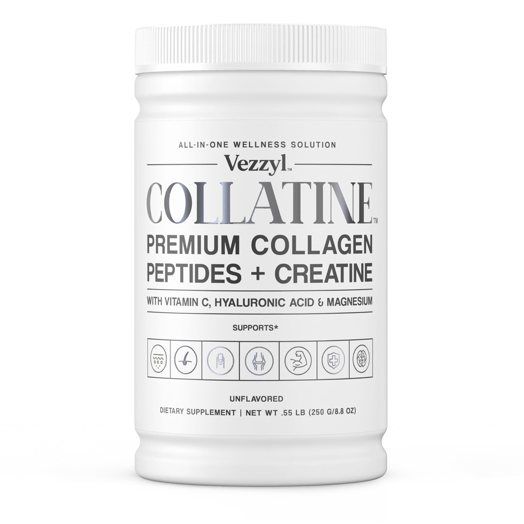 Collatine - Peptides de Collagène Premium + Créatine avec vitamine C, acide hyaluronique et magnésium pour la peau, les cheveux, les ongles, les os et les articulations, les muscles, les immunones et l'aide cognitive (.55 LB (250 G/8.8 OZ)