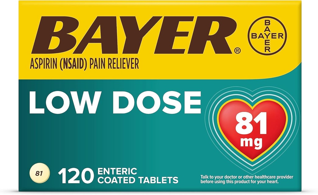 Bayer Aspirine Régimen , 81mg Comprimés enrobés entériques, analgésique/réducteur de fièvre, 120 Nombre