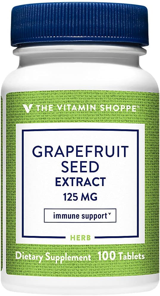 The Vitamine Shoppe Graines de pamplemousse Extrait 125MG, Supplément à base de plantes antioxydantes pour les voyageurs Imune Support avec les graines et la pulpe de pamplemousse frais, contient une marque citrique (100 comprimés)