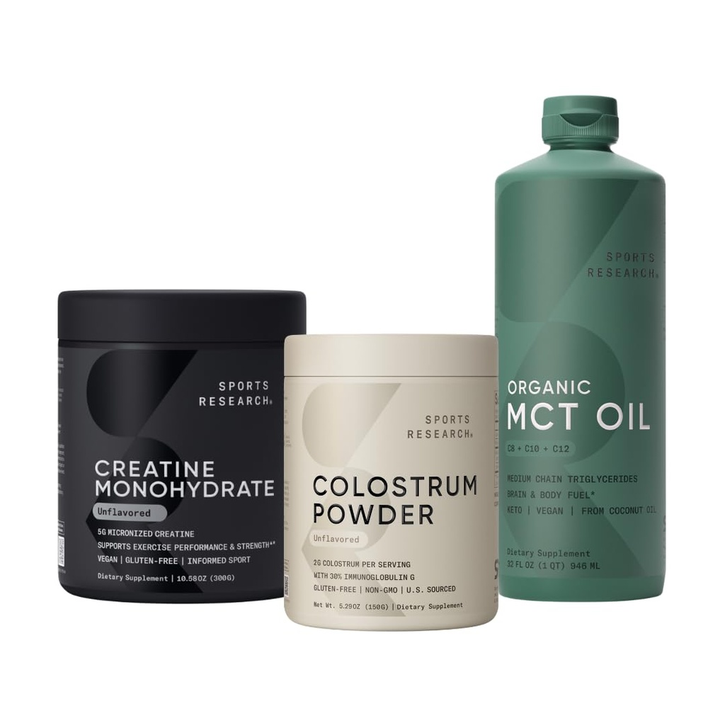 Sports Research® Goodies Pack - Colostrum Powder formulated to Support Workout Performance, Immunity & Gut Health w/Antibodies & Creatine Monohydrate & Organic MCT Oil Keto & Vegan MCTs C8, C10, C12