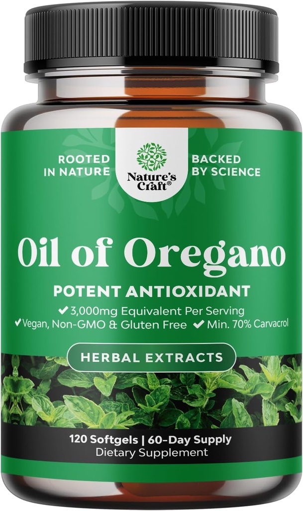Huile d'Origan sauvage softgels - Super concentré softgels huile d'Origan avec Carvacrol 70% pour la digestion et le soutien immunitaire - suppléments à base de plantes pour nettoyage intestinal, détox corps et réparation - 120 Ct