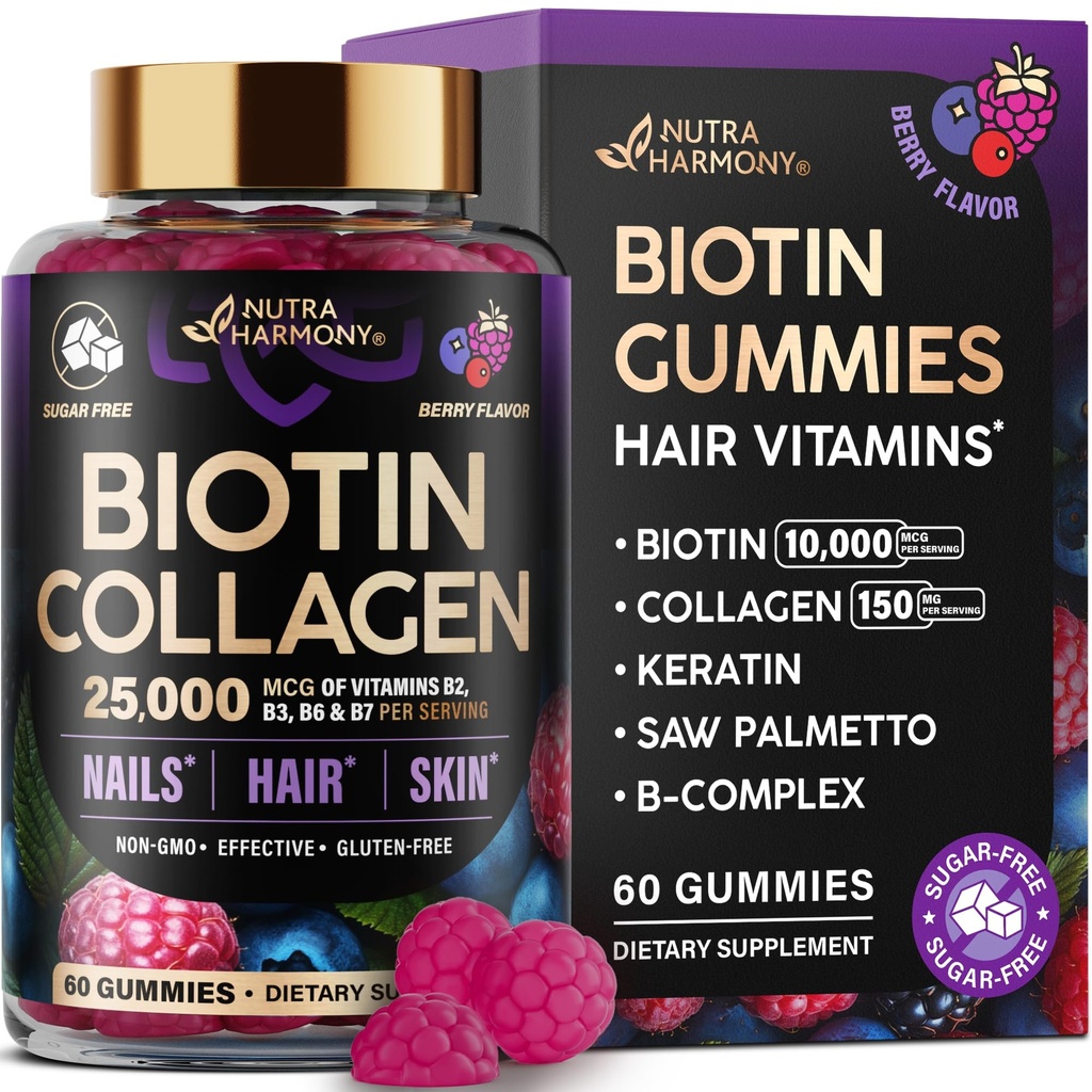 Gommies de biotine avec collagène - Soutien de la croissance des cheveux de la peau et de la force des ongles - pour les femmes et les hommes - Biotin 10000mcg