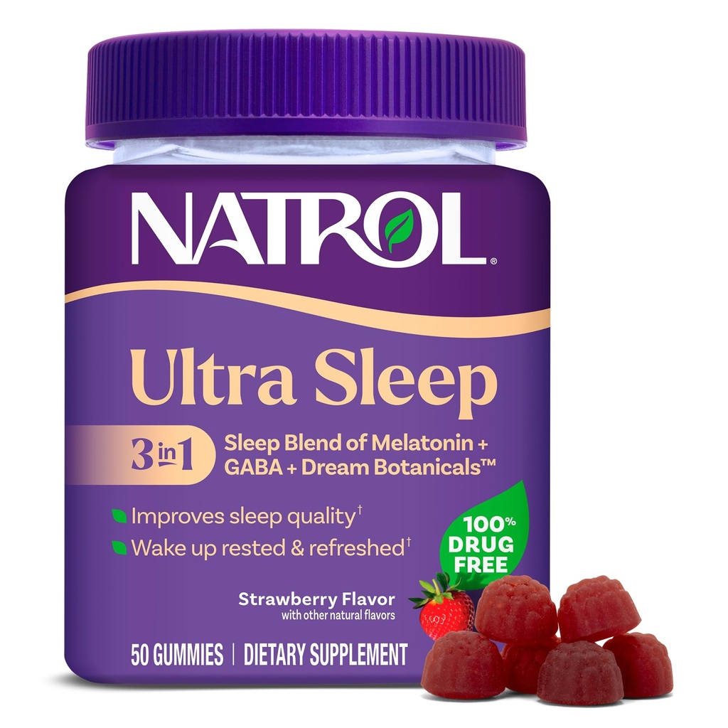 Natrol Ultra Sleep 3-en-1 100% sans médicament mélange d'aide au sommeil avec la mélatonine, le GABA et les botaniques, supplément diététique, formation non-habitante, 50 ugmmies