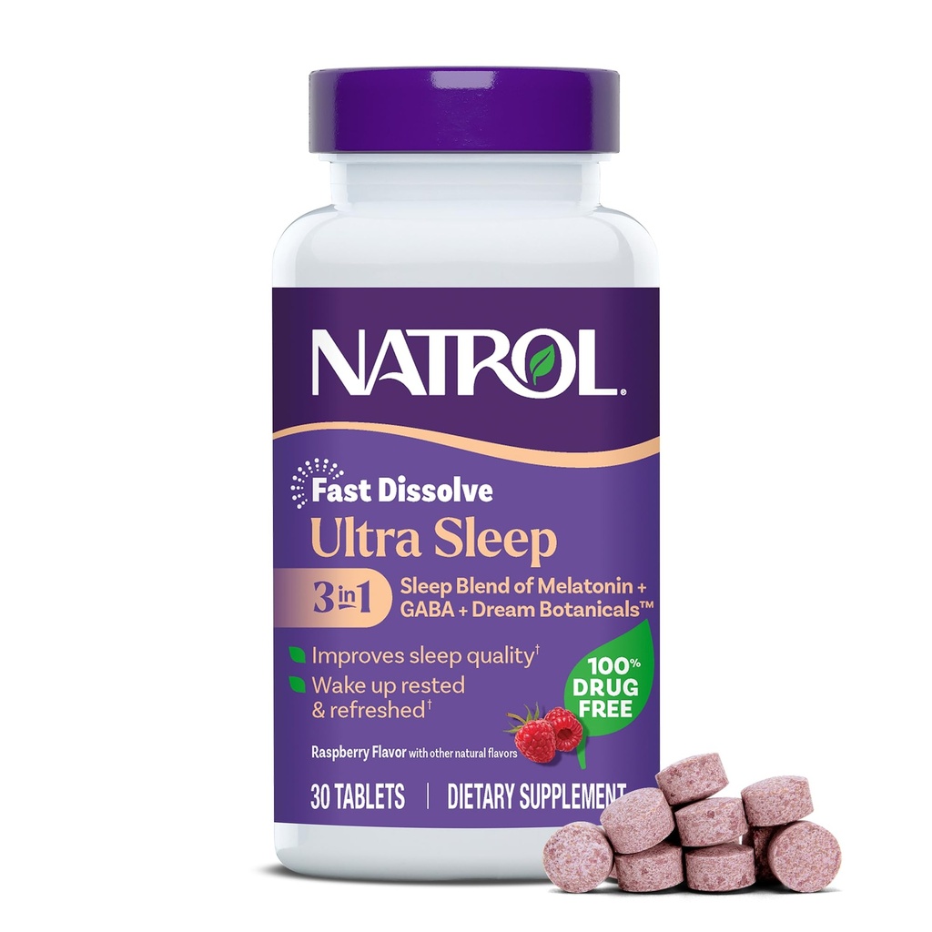 Natrol Ultra Sleep 3-en-1 100% sans médicament mélange d'aide au sommeil avec la mélatonine, le GABA et les botaniques, complément alimentaire, la formation de non-Habit, 30 comprimés rapidement dissous