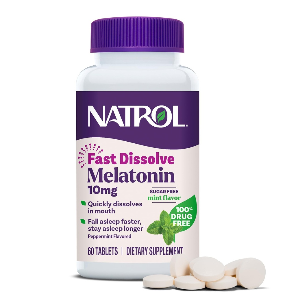 Natrol Melatonin 10mg Comprimés à dissolution rapide - Arôme de menthe poivrée, 60 Compte, Soutien au sommeil, Melatonine à dissolution rapide pour adultes, approvisionnement de 60 jours
