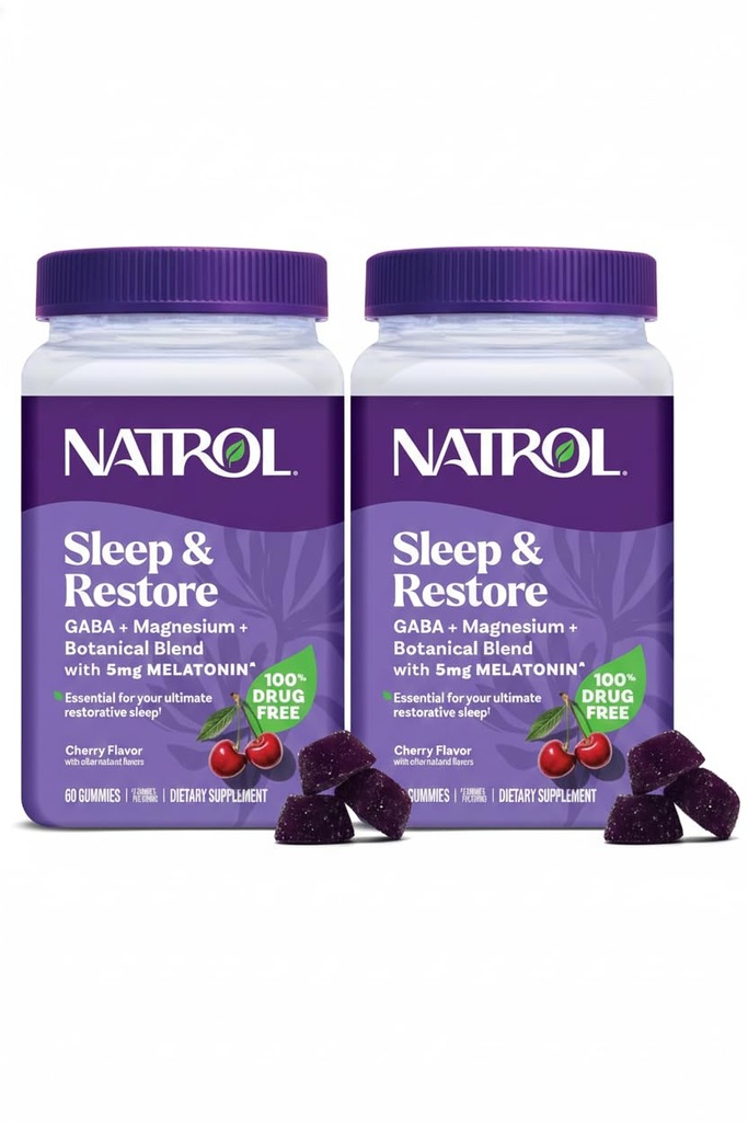 Natrol Sommeil + Restaurer Magnésium Glycinat Mélange Gommies avec Mélatonine 5mg - Magnésium Calme avec GABA, Mélange botanique, Saveur de cerise, 60 Gommies (paquet de 2)