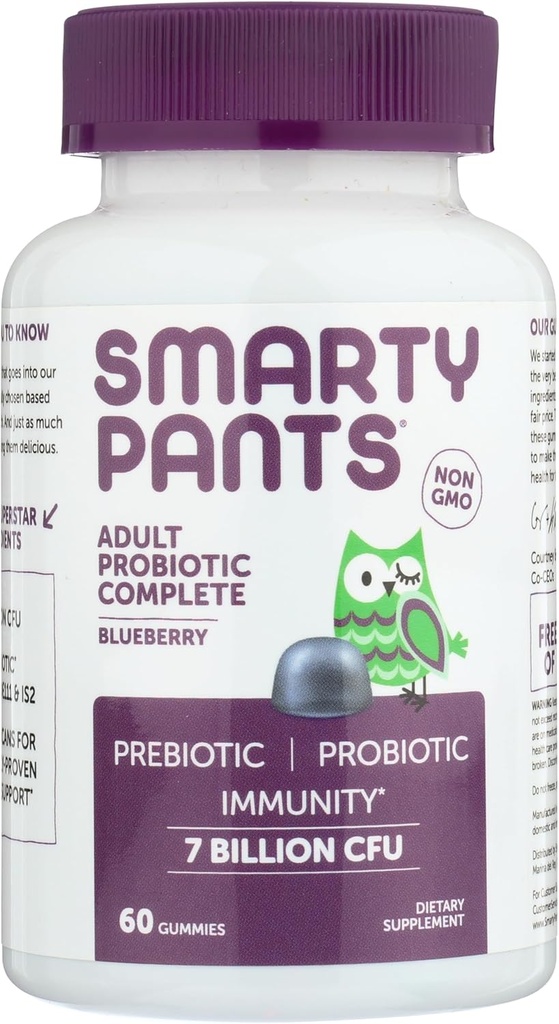 SmartyPants Men's & Women's Probiotic Immunity Gummies: Prébiotiques et probiotiques pour la santé digestive et supplément de soutien immunitaire, sans gluten, végétalien, Blueberry Flavor, 60 comte (30 jours d'approvisionnement)