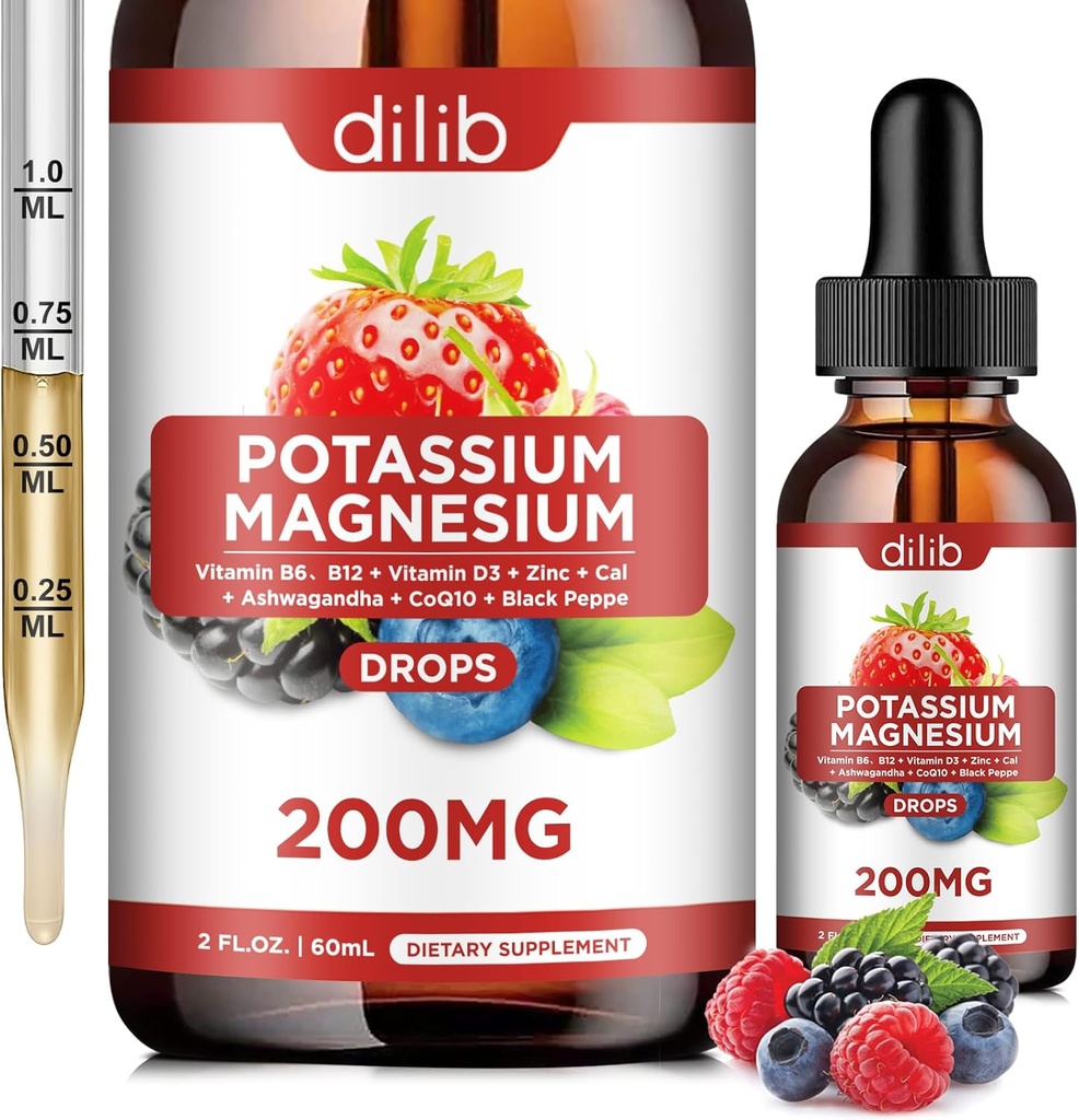 Supplément de citrate de magnésium de potassium, gouttes de citrate de magnésium liquide 200mg avec Ashwagandha, Calcium, zinc, vitamine D3, B6, B12, CoQ10 - Vegan 2 fl oz Mélange d'arôme de baie