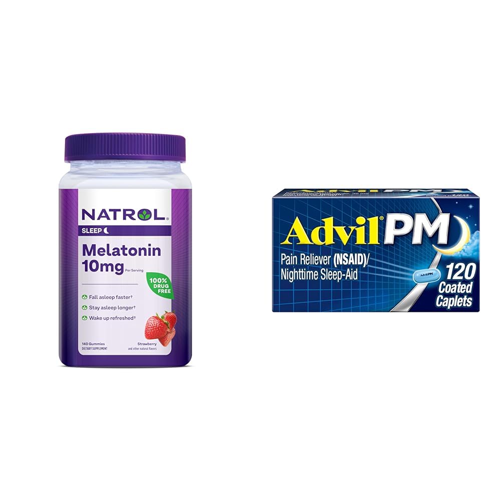 Natrol Melatonin 10mg Sleep Gummies 140ct & Advil PM Ibuprofen Pain Reliever Sleep Aid 120 Coated Caplets