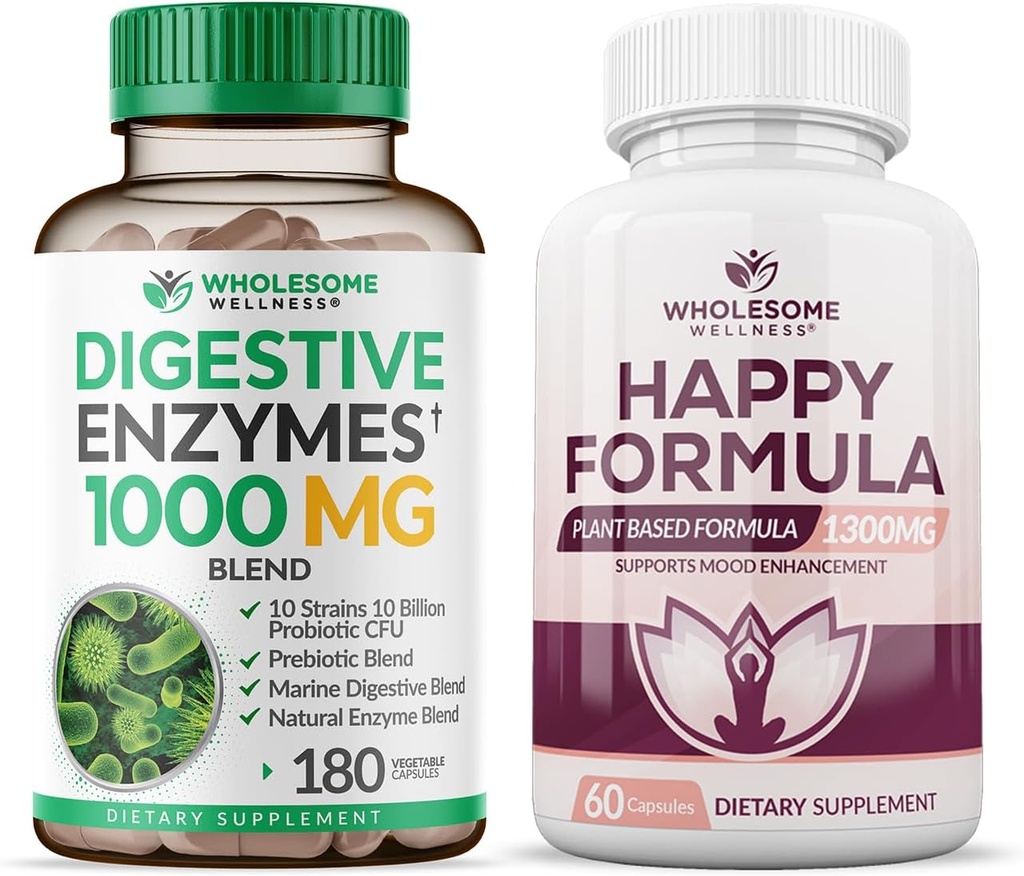 Wholesome Wellness Digestive Enzymes 1000MG Plus Prebiotics & Probiotics Supplement + Happy Formula Natural Stress Formula Relief Supplement for Women & Men Bundle