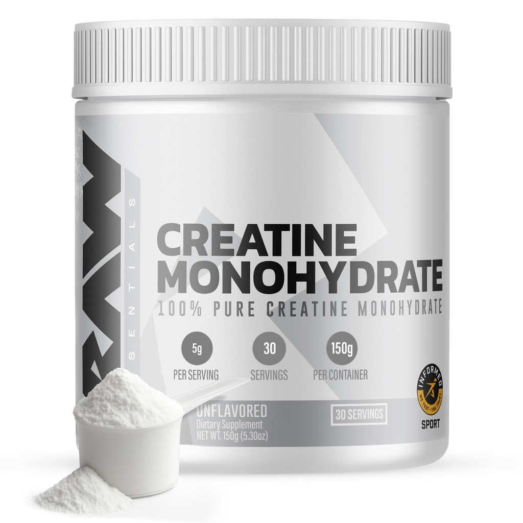 RAW Nutrition Poudre monohydratée de créatine, non aromatisée (30 portions) - Supplément monohydraté de créatine micronisé pour la performance d'entraînement, construire les muscles et la force - Poudre de créatine pour les hommes et les femmes