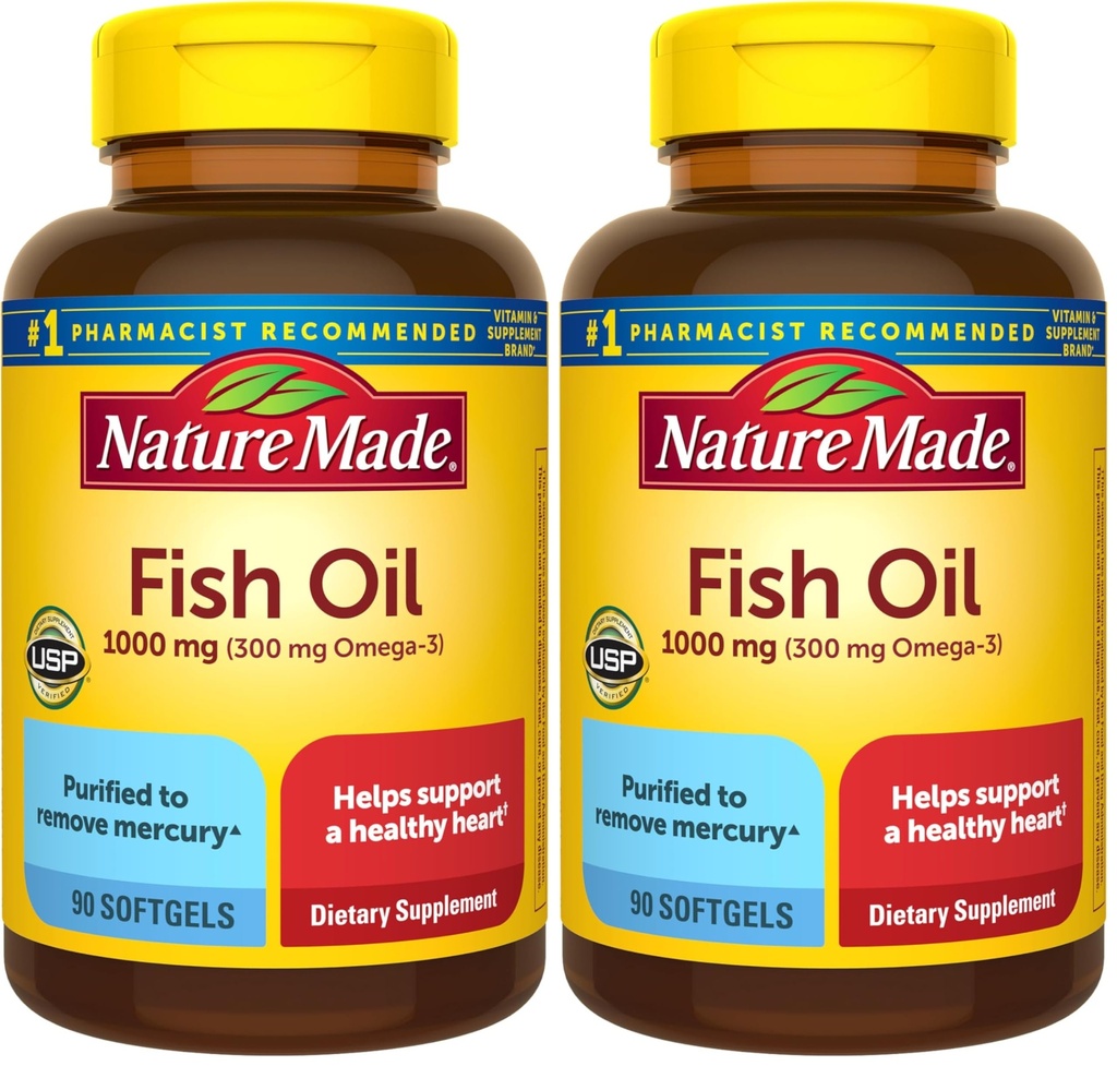 Huile de poisson de nature Omega 3 suppléments, 1000 mg de softgels, Omega 3 huile de poisson pour un soutien cardiaque sain, 90 softgels, 45 jours d'approvisionnement (paquet de 2)