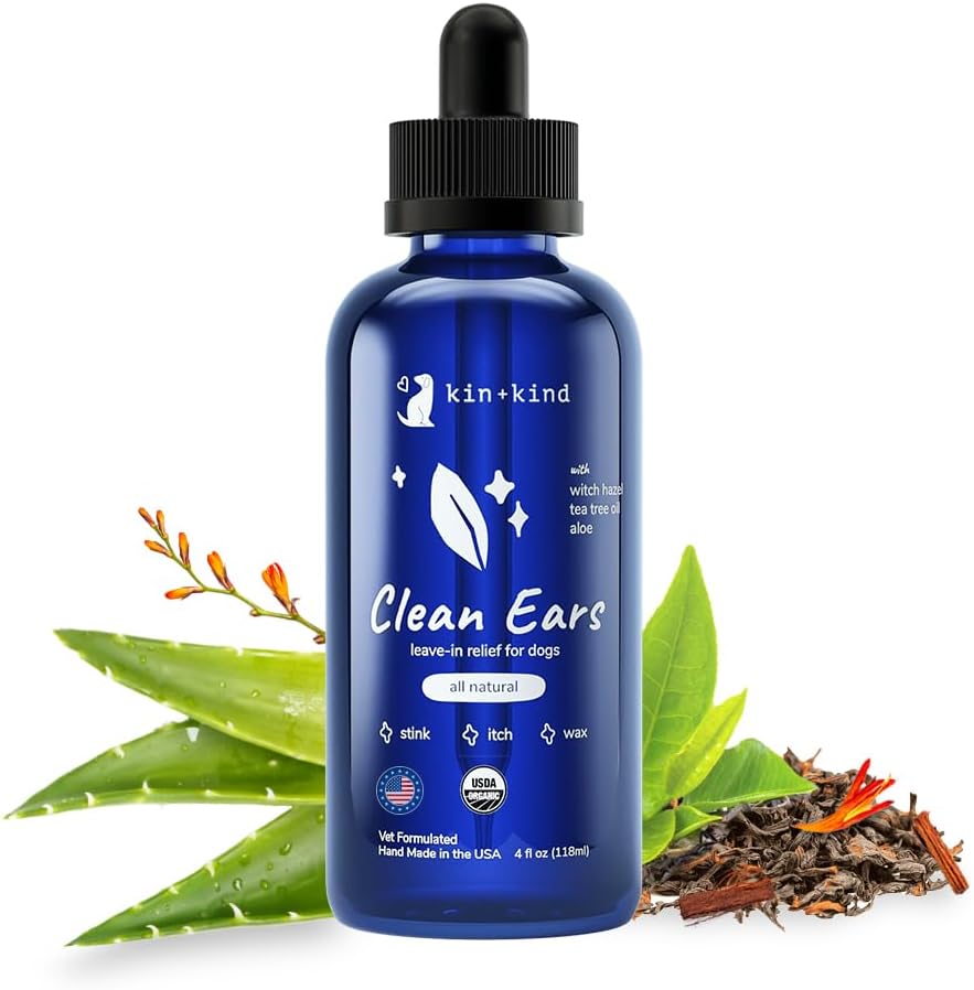 kin+kind Solution de nettoyage de l'oreille des chiens – Lavage biologique de l'oreille des chiens et gouttes d'oreilles faciles à utiliser pour les chiens – Nettoie la cire, la dirt et l'odeur – Nettoyage doux de l'oreille avec Hazel, Aloe Vera et huile d'arbre à thé – Fabriqué aux États-Unis 4 fl oz