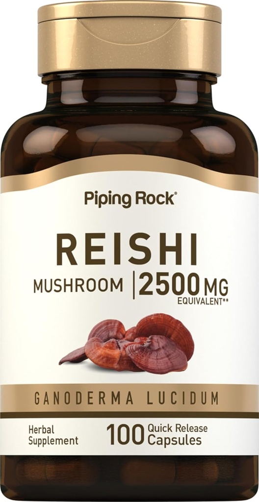 Piping Rock Reishi Capsules de champignons de 2500mg de 100 pilules de 100 pilules de supplément normalisé d'extrait à base de plantes avec Ganoderma Lucidum