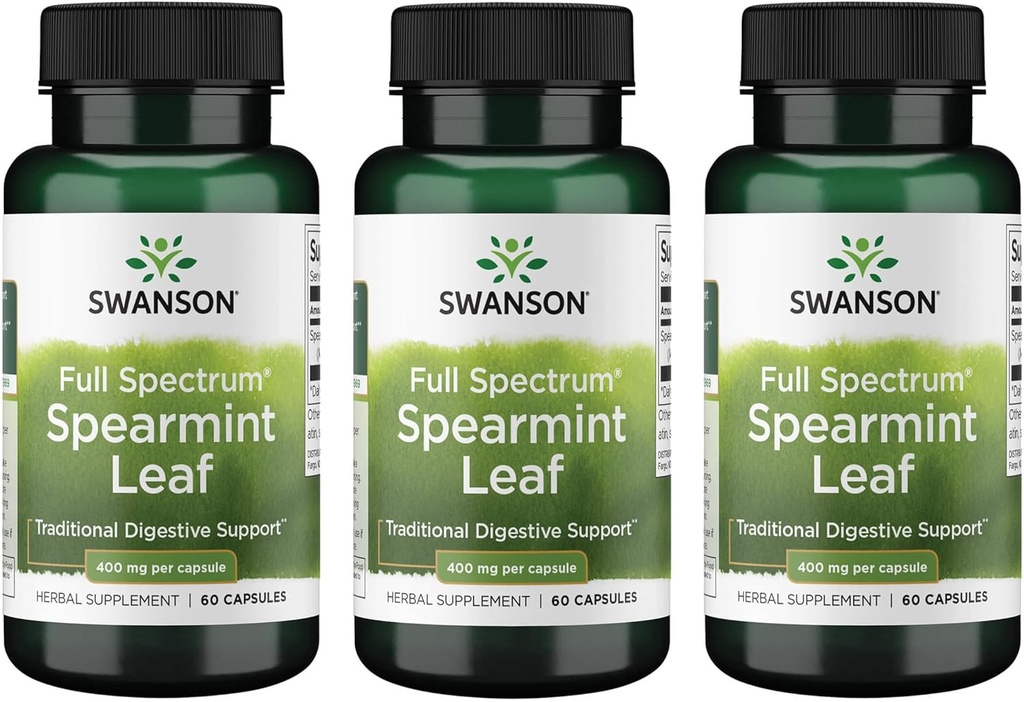 Swanson Spearmint Leaf (Mentha Spicata) - Supplément à base de plantes à spectre complet appuyant les questions de santé digestive et d'estomac léger - (60 capsules, 400 mg chacune) 3 Pack