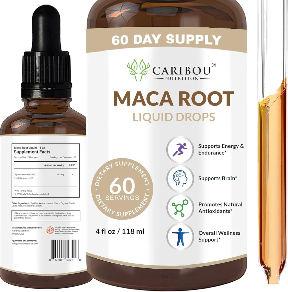 La racine de maca gouttes liquides Premium Extrait de racine biologique de maca Supplément de maca pour l'humeur améliorée et la vitalité