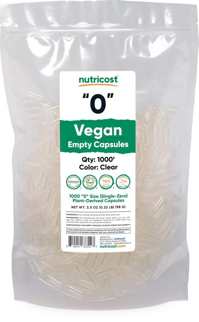 Nutricost Empty Capsules Size 0 Vegan - 1,000 Clear Empty Plant-Based Capsules - Kosher Certified, Halal Certified, Non-GMO, Soy Free, Gluten Free, Vegetarian