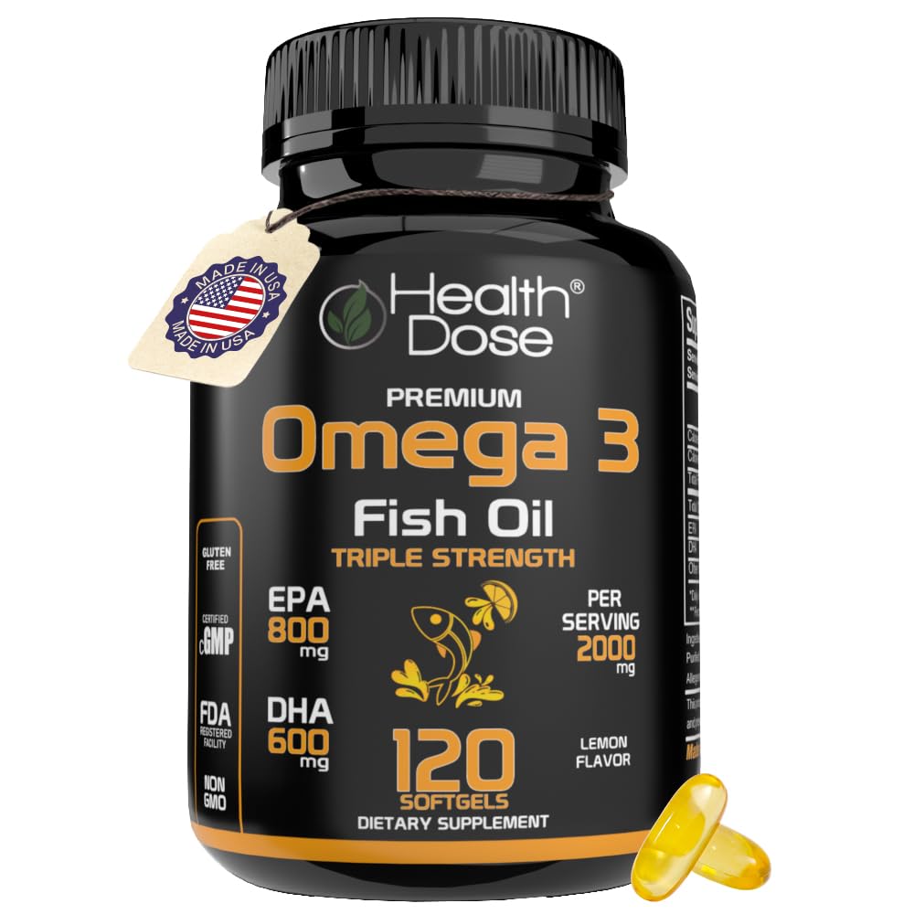 Dose santé Omega 3 Huile de poisson 2000mg – Softgels aromatisés au citron avec EPA 800mg et DHA 600mg pour le cerveau, le cœur et le bien-être – Easy-to-Digest, No Fish Burps – 120 Softgels, 2-Meth Supply