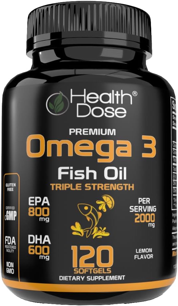 Dose santé Omega 3 Huile de poisson 2000mg – Softgels aromatisés au citron avec EPA 800mg et DHA 600mg pour le cerveau, le cœur et le bien-être – Easy-to-Digest, No Fish Burps – 120 Softgels, 2-Meth Supply