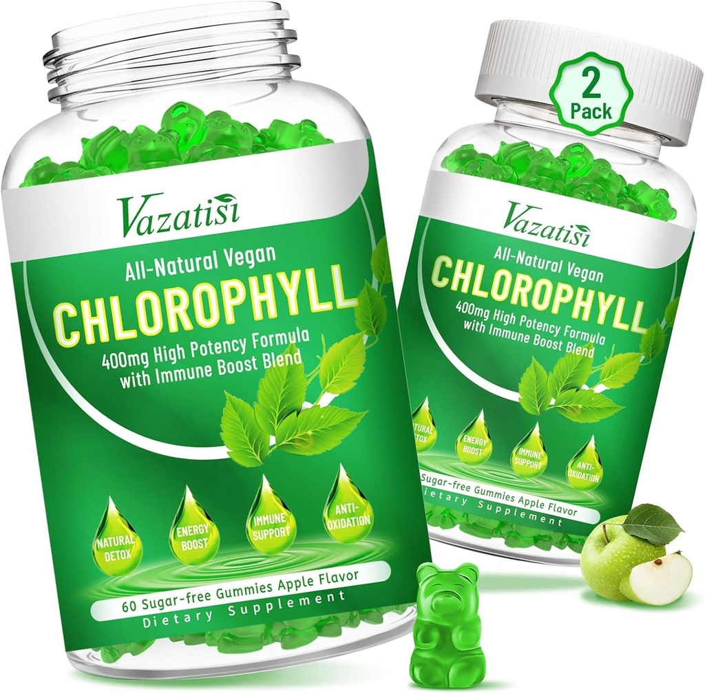 Gommies de chlorophylle - Super Vert 13 en 1 avec Ashwagandha Vitamine C Zinc & Cuivre pour l'odorat corporel, l'énergie cutanée Immune Soutien Déodorant pour les femmes - 120 Comte