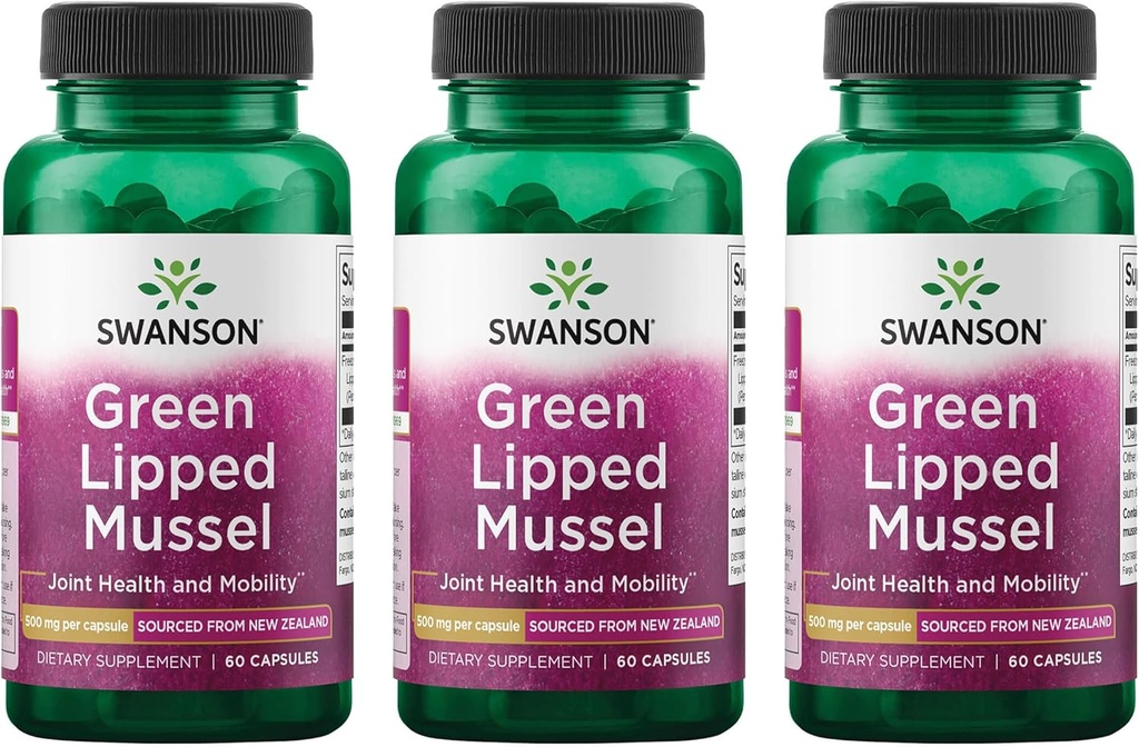 Swanson Green Liped Mussel (gel-séché) - Supplément mixte de santé et de mobilité de Nouvelle-Zélande - Formule naturelle peut soutenir la santé cardiaque et la fonction digestive - (60 capsules, 500mg chacun) (3 Pack)