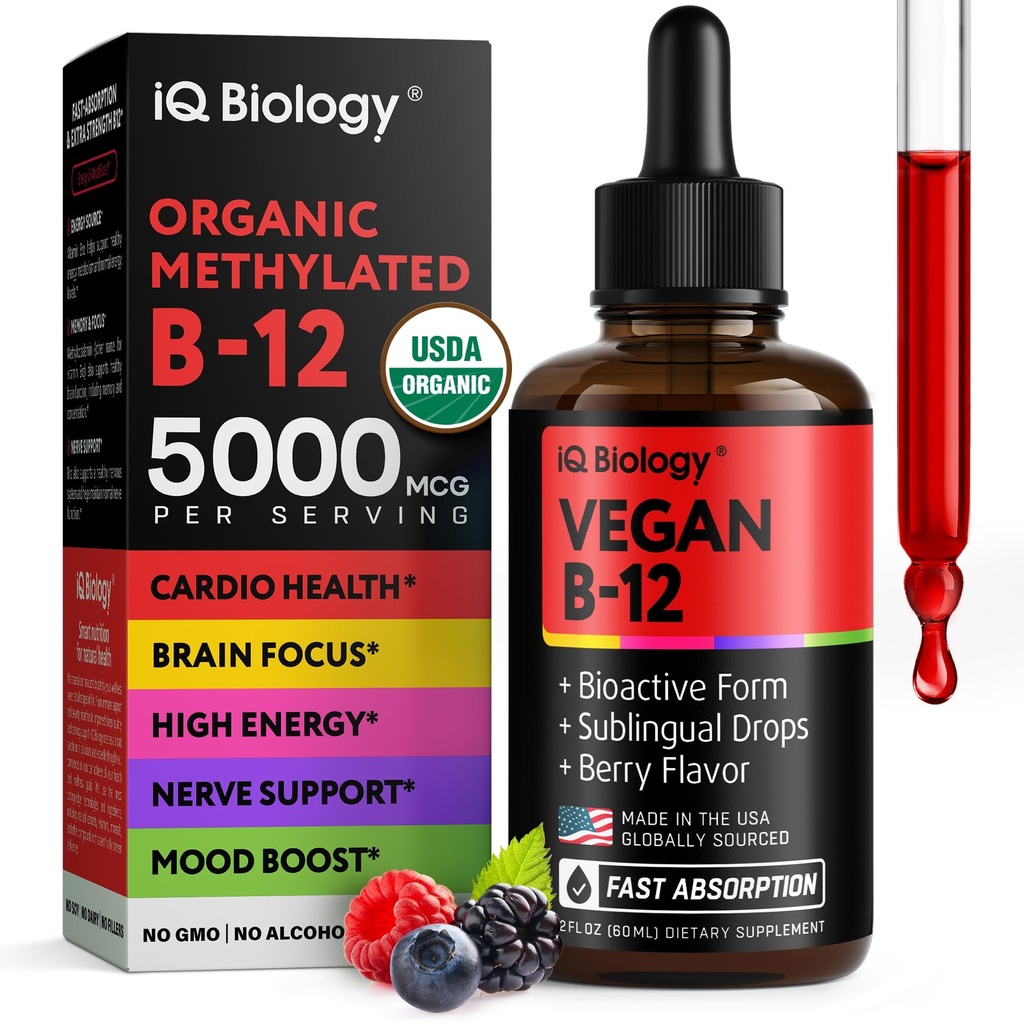 Organic Vitamin B12 Liquid Drops - Sublingual Methylcobalamin 5000 mcg - Methylated B-12 Active Coenzyme Form - Energy & Nerve System Support - Vegan Vit B 12 - USA Made - Berry Flavor - 60 servings