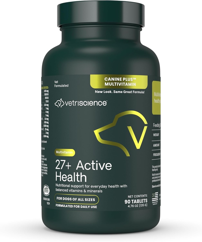 VetriScience 27+ Santé active Comprimés à croquer, Canine Plus Multivitamine quotidienne pour chiots et chiens adultes, vitamines équilibrées, minéraux et antioxydants, soutien à la santé et au mieux-être, Canard, 90 Compte