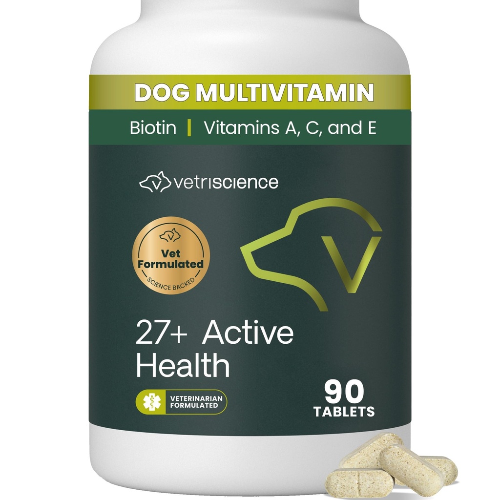 VetriScience 27+ Santé active Comprimés à croquer, Canine Plus Multivitamine quotidienne pour chiots et chiens adultes, vitamines équilibrées, minéraux et antioxydants, soutien à la santé et au mieux-être, Canard, 90 Compte