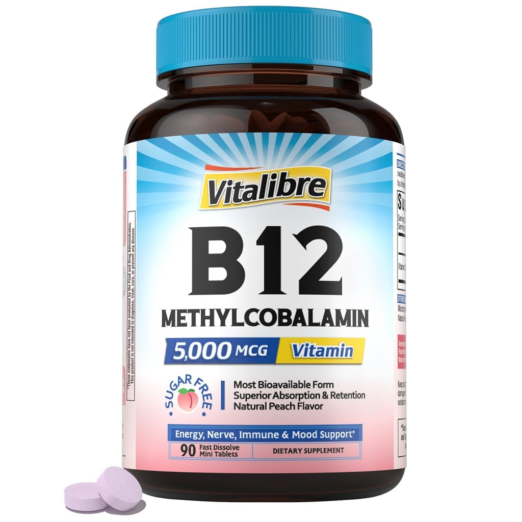Vitalibre Vitamine B12 Sublingual 5000 mcg, méthylcobalamine, forme bioactive, haute absorption, végétalien, nerve, énergie, immune, soutien de l'humeur, saveur de pêche naturelle, 90 comprimés mini à dissolution rapide, pas de sucre