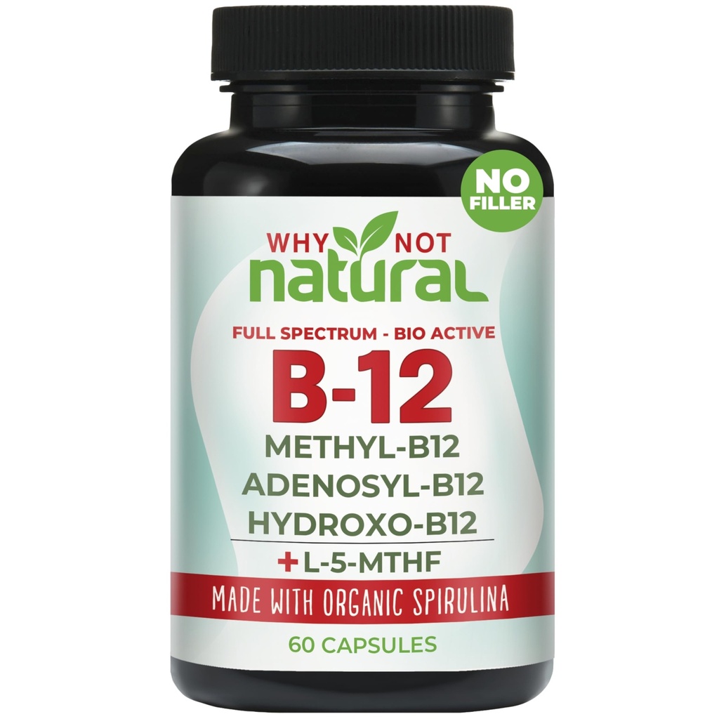 Pourquoi pas la vitamine naturelle B12 5000 mcg supplément avec la méthylcobalamine, l'adénosylcobalamine et le complexe Hydroxy B12 avec le méthylfolate 1000 mcg, L-5-MTHF, fait avec la spiruline biologique