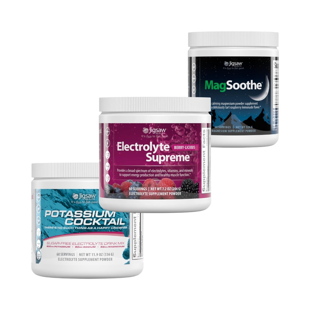 Jigsaw Pickleball Hydration Stack | Potassium Cocktail (Blue), Electrolyte Supreme (Berry-Licious), and MagSoothe (Raspberry Lemonade), 60 Servings (Jar)