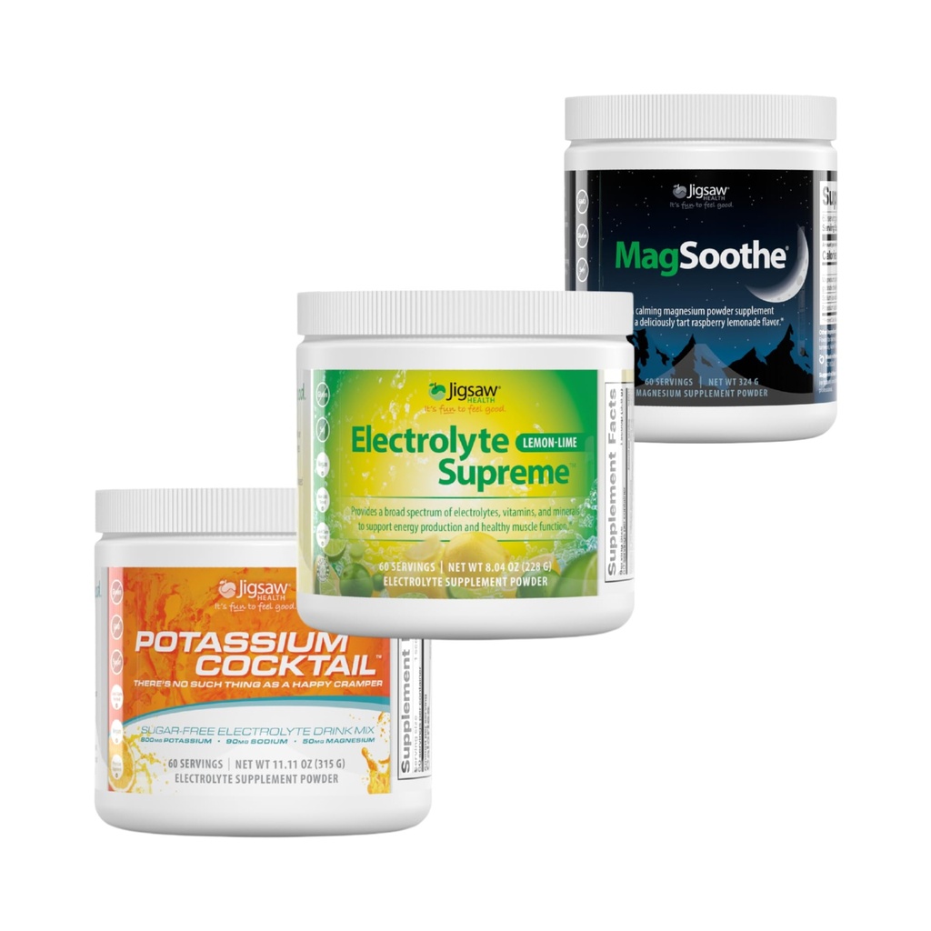 Jigsaw Pickleball Hydration Stack | Potassium Cocktail (Orange), Electrolyte Supreme (Lemon-Lime), and MagSoothe (Raspberry Lemonade), 60 Servings (Jar)