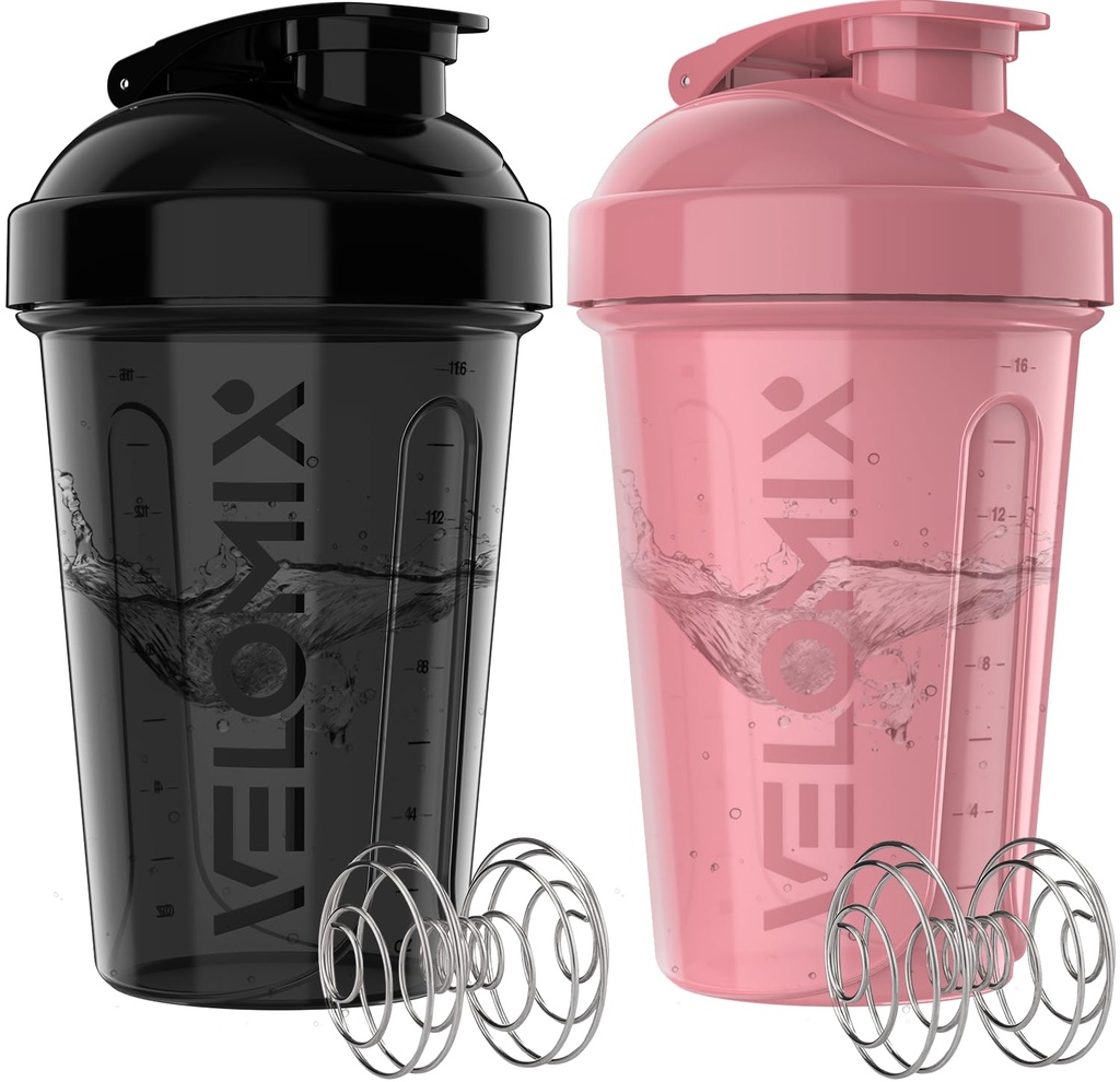 VELOMIX -2 Pack- 20 oz Protein Shaker Bottles for Protein Mixes - 2x Wire Whisk | Leak Proof Shaker Cups for Protein Shakes and Pre Workout | Protein Shaker Bottle Pack (A7) Pink/Black