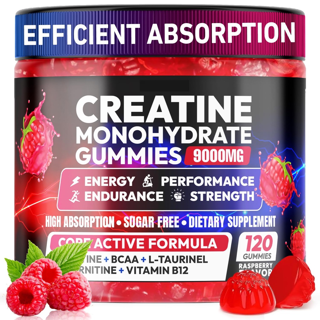 Gommies créatine Complexe monohydraté 9000MG, Pré-entraînement pour les hommes et les femmes, Gummy créatine avec L-Taurine, BCAA 2:1, B12/6 pour le soutien musculaire, améliorer la force, stimuler l'énergie-120 comte