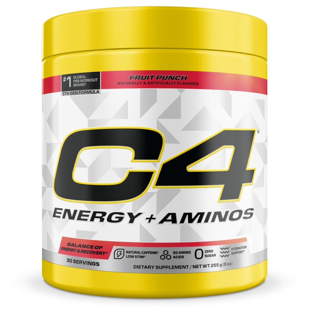 C4 Energy + Aminos Poudre, 5g BCAAs & AEA pour la récupération musculaire, 3 électrolytes pour l'hydratation, 100mg caféine naturelle, préentraînement, Zéro sucre, 30 portions, punch fruit