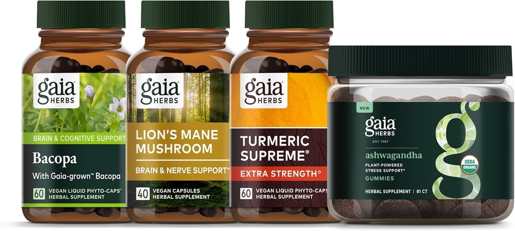 Gaia Herbs Focus Kit - Bacopa, Lion's Mane Mushroom, Ashwagandha Gummies, Turmeric Supreme Extra Strength
