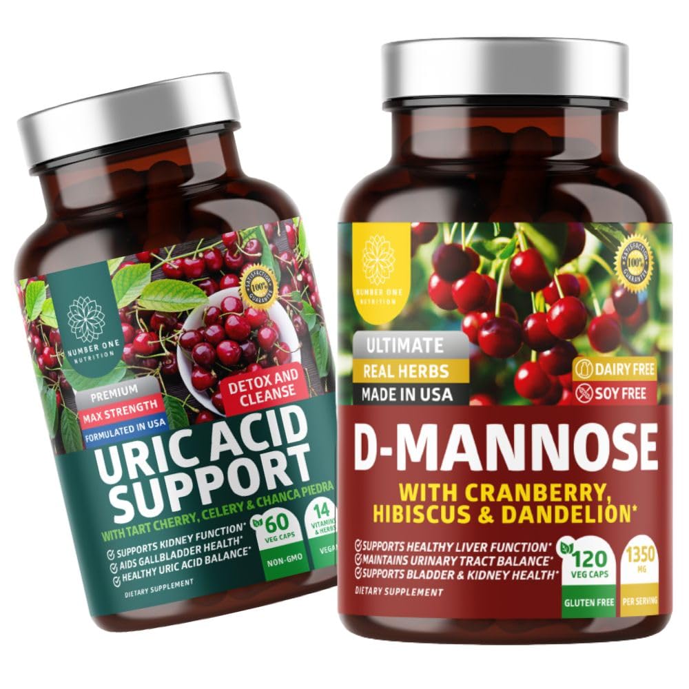 No One Nutrition N1N Premium D-Mannose avec Cranberry & Hibiscus [1350mg], 120 Capsules et Uric Acid Support avec 14 Herbes Potent, 60 Capsules, 2 Pack Bundle