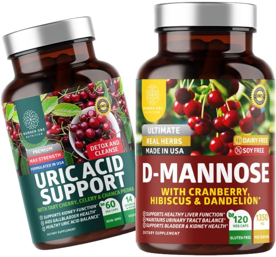 No One Nutrition N1N Premium D-Mannose avec Cranberry & Hibiscus [1350mg], 120 Capsules et Uric Acid Support avec 14 Herbes Potent, 60 Capsules, 2 Pack Bundle