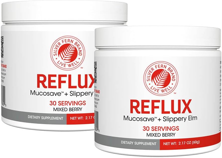 Reflux - Supplément digestif - Chaque tub = 30 scoops = 30 portions - Support mucosal pour les problèmes acides - avec Mucosave FG et Elm Bark slippery (2 tubs)