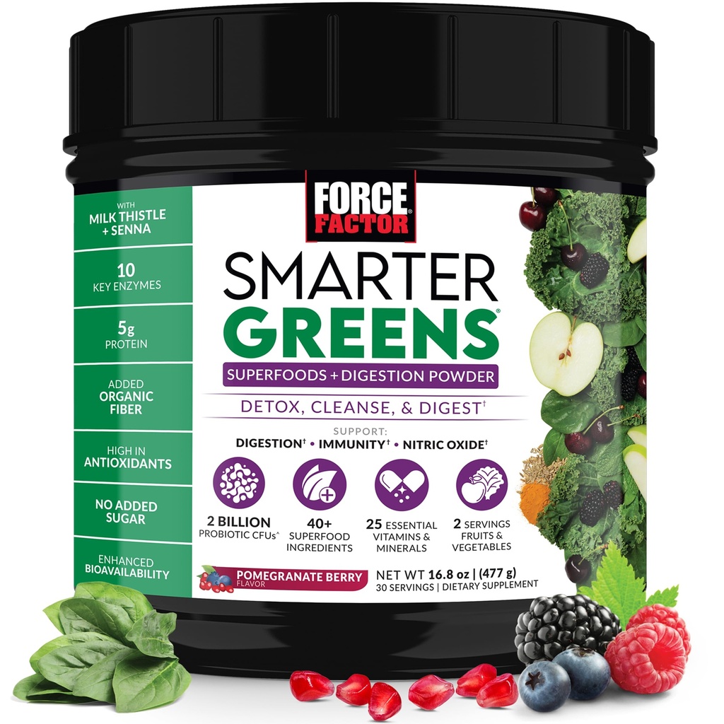 Facteur de force vert plus intelligent Superfoods Poudre pour soutenir la digestion, la santé des intestins, la Bloating, Greens Poudre avec probiotiques, prébiotiques, enzymes digestives, et adaptogènes, grenade Berry, 30 portions