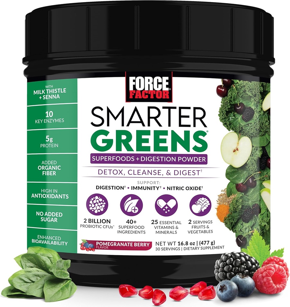 Facteur de force vert plus intelligent Superfoods Poudre pour soutenir la digestion, la santé des intestins, la Bloating, Greens Poudre avec probiotiques, prébiotiques, enzymes digestives, et adaptogènes, grenade Berry, 30 portions