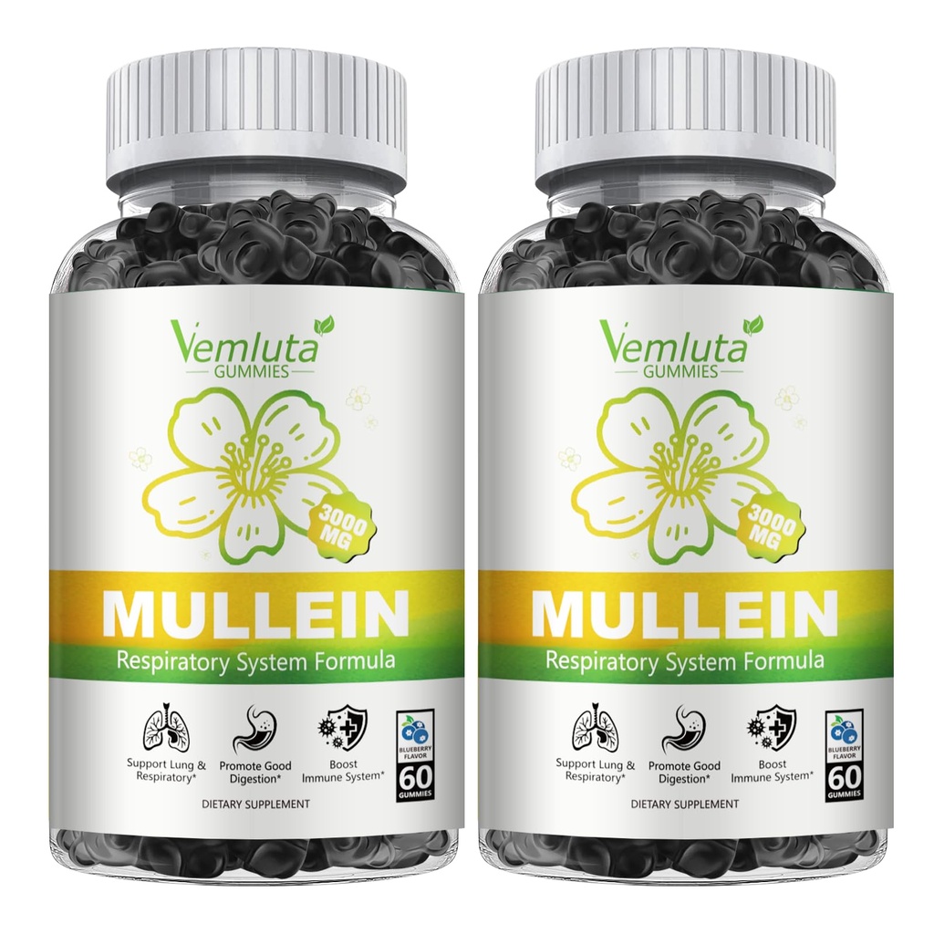 2 Packs 3000MG Mullein Gummies for Lung - Mullein Leaf Extract for Lungs Detox for Smokers - Quercetin with Bromelain for Respiratory, Immune & Digestive Support, 120 pcs Blueberry