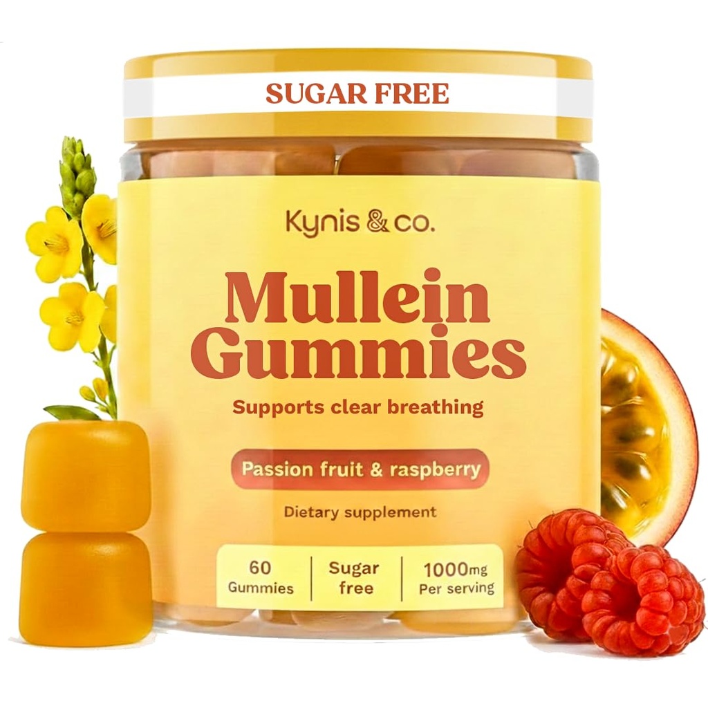 Kynis & co. Mullein Gummies for Overall Wellness – Mullein Leaf Extract, Quercetin, Bromelain, Ashwagandha, Vitamin C & D – Passion Fruit & Raspberry Flavor – 60 Gummies